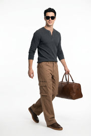 Tobacco Brown Mid-Rise Straight Fit Cargo Trousers For Men's