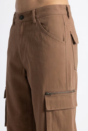 Tobacco Brown Mid-Rise Straight Fit Cargo Trousers For Men's
