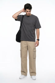 Beige Cotton Solid Mid-Rise Relaxed Fit Utility Men's Cargo