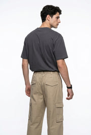 Beige Cotton Solid Mid-Rise Relaxed Fit Utility Men's Cargo