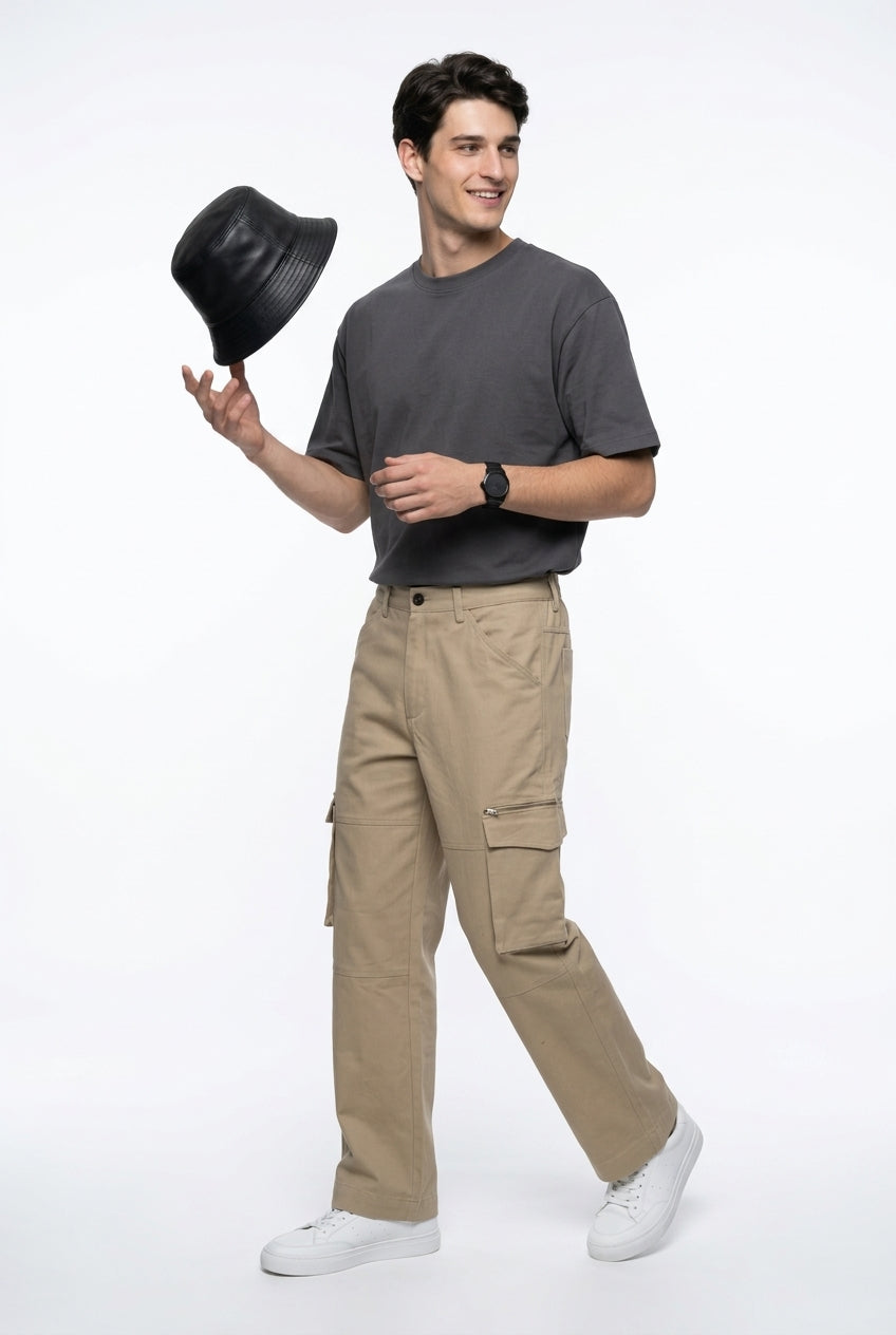 Beige Cotton Solid Mid-Rise Relaxed Fit Utility Men's Cargo