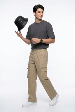 Beige Cotton Solid Mid-Rise Relaxed Fit Utility Men's Cargo