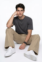 Beige Cotton Solid Mid-Rise Relaxed Fit Utility Men's Cargo