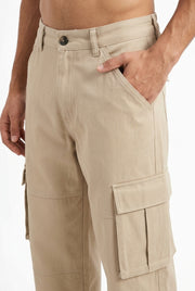 Beige Cotton Solid Mid-Rise Relaxed Fit Utility Men's Cargo