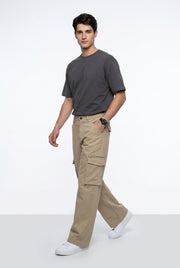 Beige Cotton Solid Mid-Rise Relaxed Fit Utility Men's Cargo