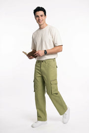 Olive Green Mid-Rise Straight Fit Utility Cargo Trousers For Men's