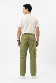 Olive Green Mid-Rise Straight Fit Utility Cargo Trousers For Men's