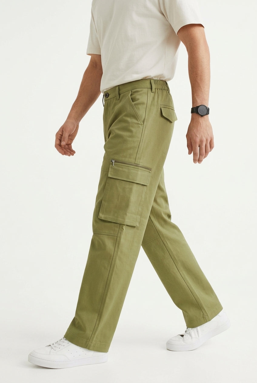 Olive Green Mid-Rise Straight Fit Utility Cargo Trousers For Men's