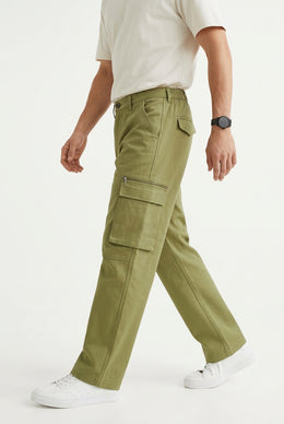 Olive Green Mid-Rise Straight Fit Utility Cargo Trousers For Men's