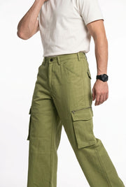 Olive Green Mid-Rise Straight Fit Utility Cargo Trousers For Men's
