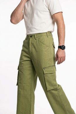 Olive Green Mid-Rise Straight Fit Utility Cargo Pant For Men