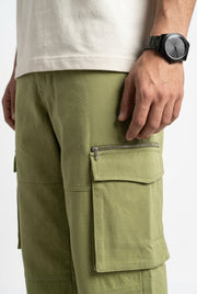 Olive Green Mid-Rise Straight Fit Utility Cargo Trousers For Men's