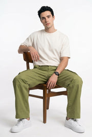 Olive Green Mid-Rise Straight Fit Utility Cargo Trousers For Men's