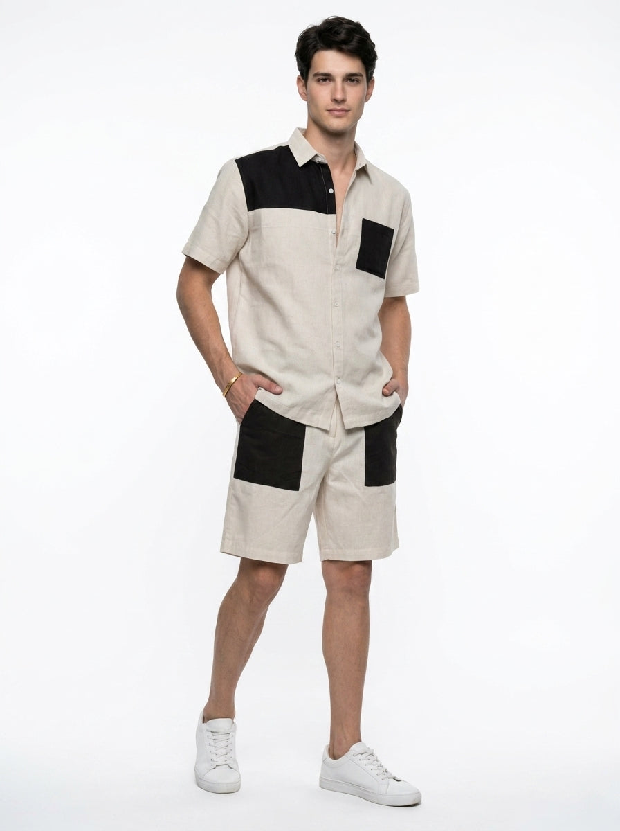 Beige Color Block Print Shirt Collar Pure Cotton Men's Co-Ord Set