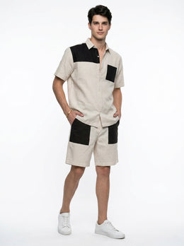 Beige Color Block Print Shirt Collar Pure Cotton Men's Co-Ord Set