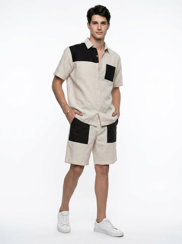 Beige Color Block Print Shirt Collar Pure Cotton Men's Co-Ord Set