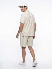 Beige Color Block Print Shirt Collar Pure Cotton Men's Co-Ord Set