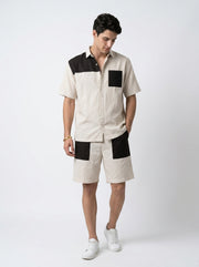 Beige Color Block Print Shirt Collar Pure Cotton Men's Co-Ord Set
