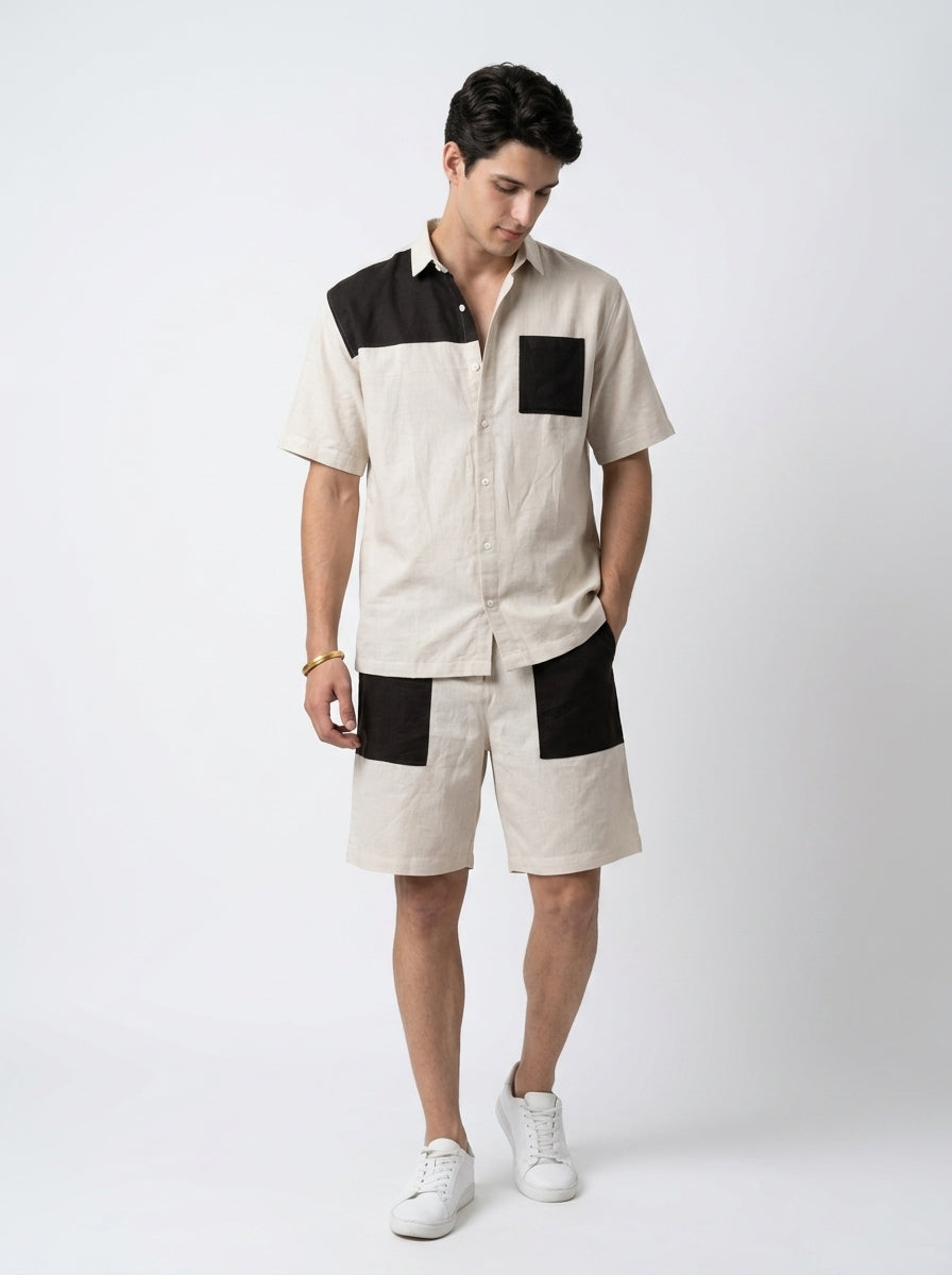 Beige Color Block Print Shirt Collar Pure Cotton Men's Co-Ord Set