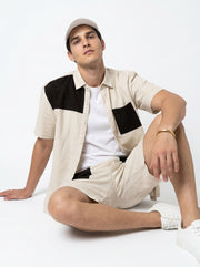 Beige Color Block Print Shirt Collar Pure Cotton Men's Co-Ord Set