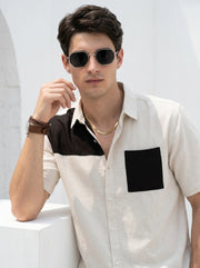 Beige Color Block Print Shirt Collar Pure Cotton Men's Co-Ord Set