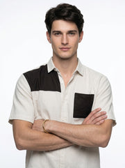 Beige Color Block Print Shirt Collar Pure Cotton Men's Co-Ord Set
