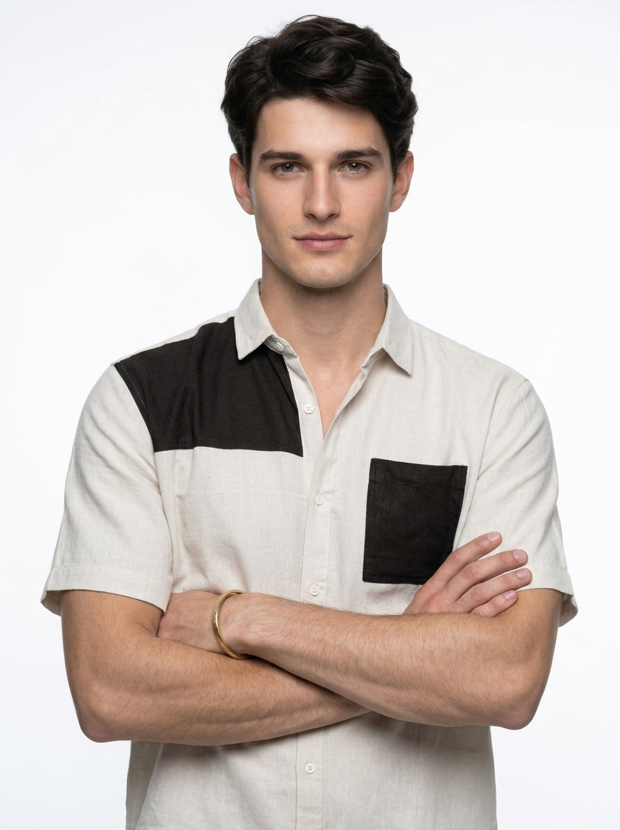 Beige Color Block Print Shirt Collar Pure Cotton Men's Co-Ord Set