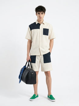 Beige & Blue Color Block Pure Cotton Shirt Collar Men's Co-Ord Set