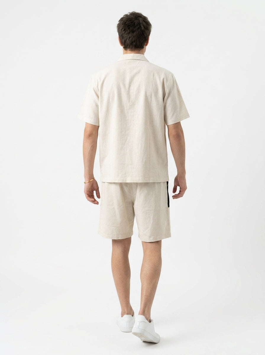 Beige & Blue Color Block Pure Cotton Shirt Collar Men's Co-Ord Set