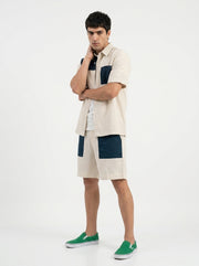 Beige & Blue Color Block Pure Cotton Shirt Collar Men's Co-Ord Set
