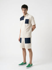 Beige & Blue Color Block Pure Cotton Shirt Collar Men's Co-Ord Set