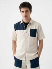 Beige & Blue Color Block Pure Cotton Shirt Collar Men's Co-Ord Set