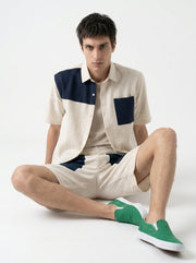 Beige & Blue Color Block Pure Cotton Shirt Collar Men's Co-Ord Set