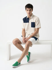 Beige & Blue Color Block Pure Cotton Shirt Collar Men's Co-Ord Set