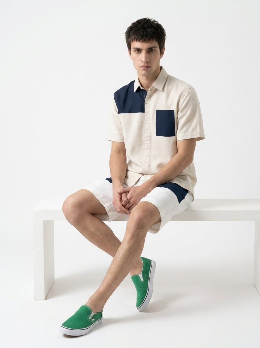 Beige & Blue Color Block Pure Cotton Shirt Collar Men's Co-Ord Set