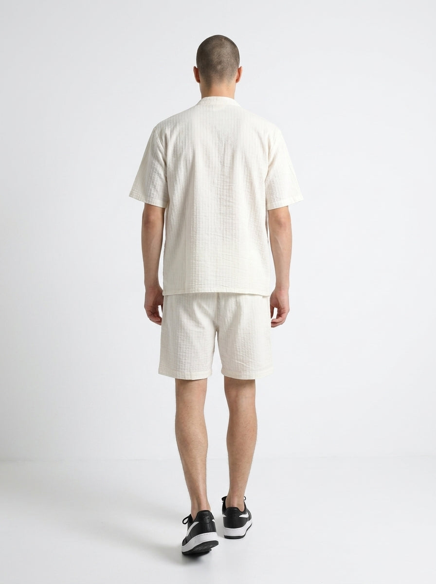 White Striped Shirt Collar Pure Cotton Men's Co-Ord Set