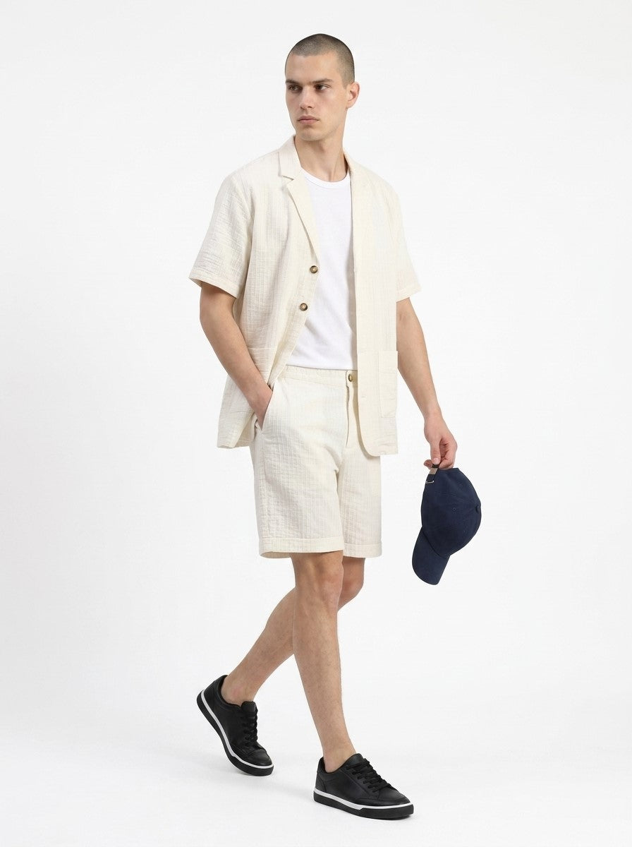 White Striped Shirt Collar Pure Cotton Men's Co-Ord Set