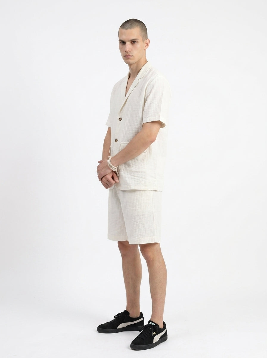White Striped Shirt Collar Pure Cotton Men's Co-Ord Set