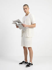 White Striped Shirt Collar Pure Cotton Men's Co-Ord Set