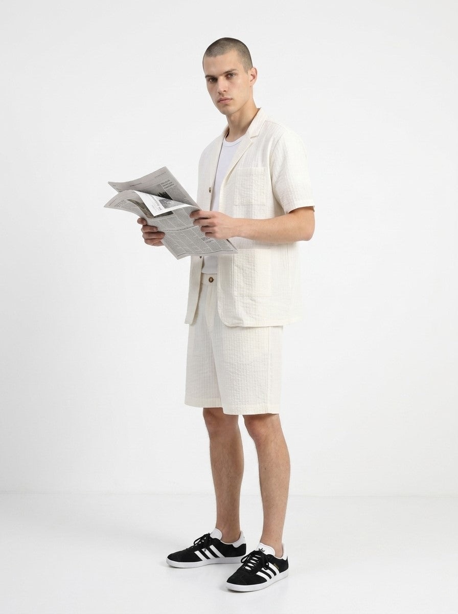 White Striped Shirt Collar Pure Cotton Men's Co-Ord Set
