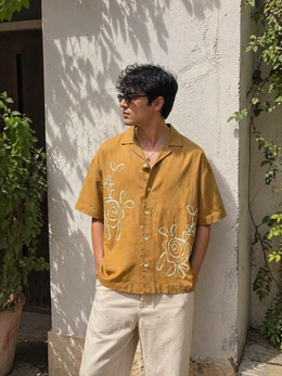 Mustard Laple Collar Half Sleeve Embroidered Cotton Casual Men's Shirt