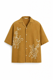 Mustard Laple Collar Half Sleeve Embroidered Cotton Casual Men's Shirt