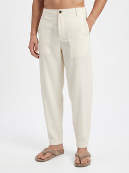 Beige Textured Tapered Casual Cotton Men's Trousers