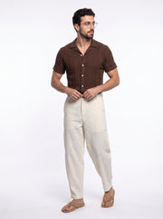 Beige Textured Tapered Casual Cotton Men's Trousers