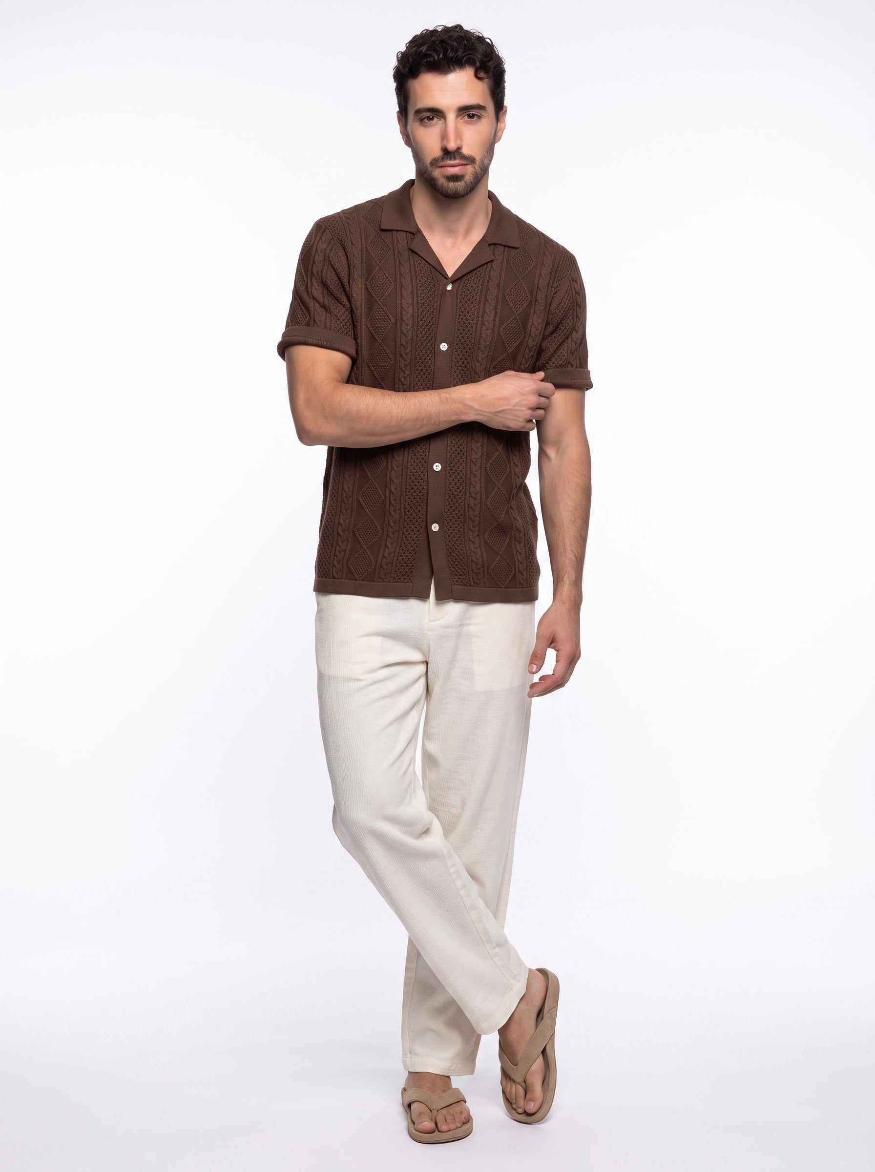 Beige Textured Tapered Casual Cotton Men's Trousers