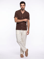 Beige Textured Tapered Casual Cotton Men's Trousers