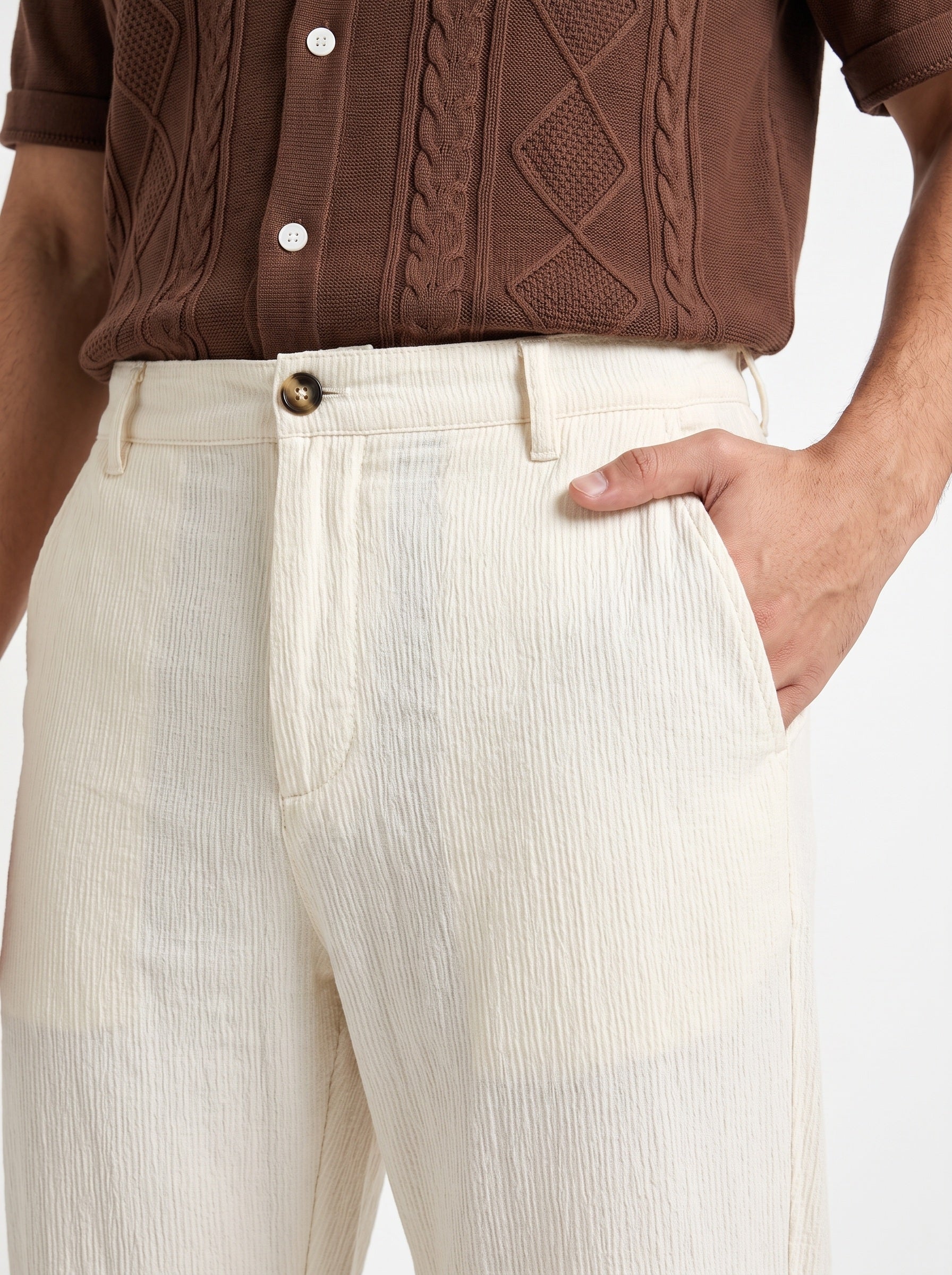 Beige Textured Tapered Casual Cotton Men's Trousers