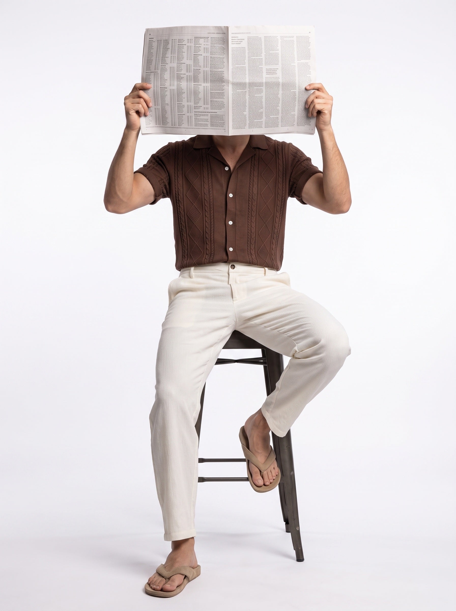 Beige Textured Tapered Casual Cotton Men's Trousers