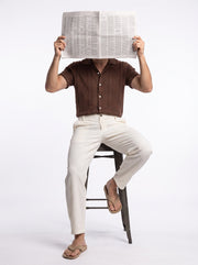 Beige Textured Tapered Casual Cotton Men's Trousers