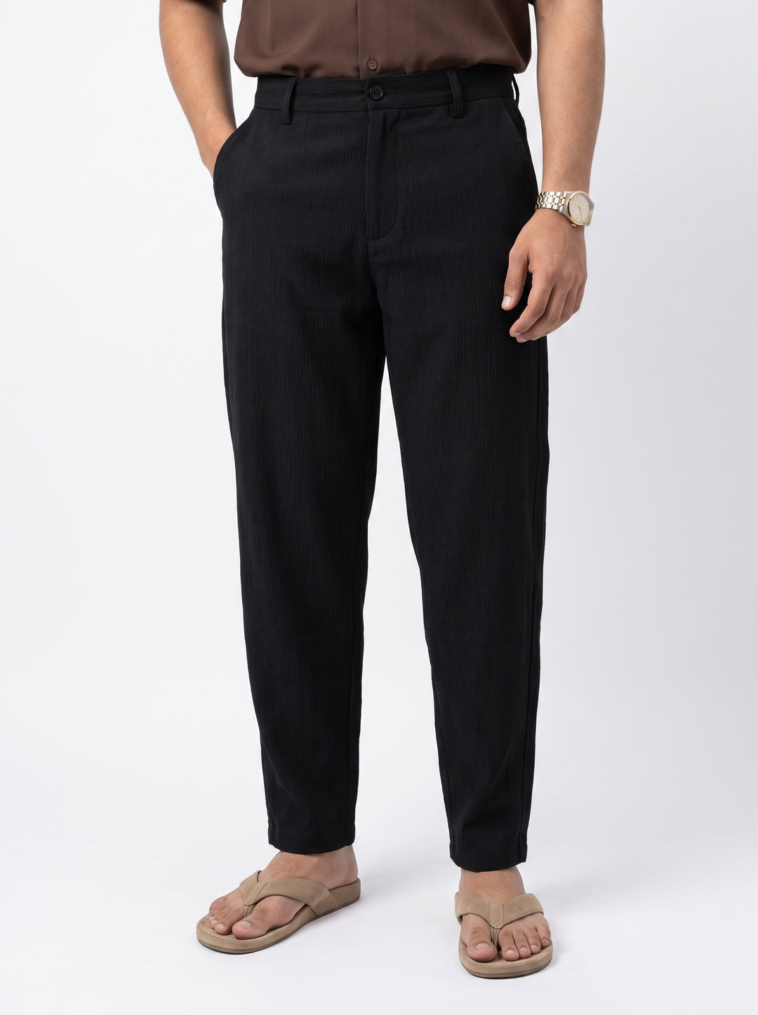 Black Solid Micro-Textured Relaxed Tapered Cotton Men's Trousers